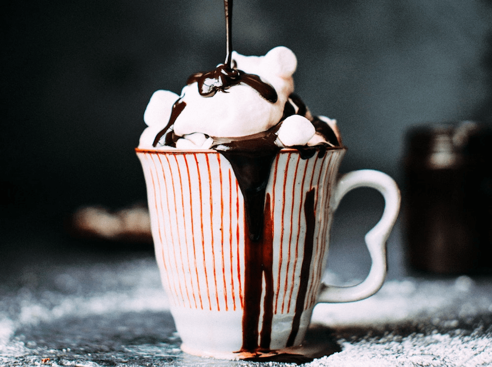 Hot chocolate with marshmallows and chocolate sauce