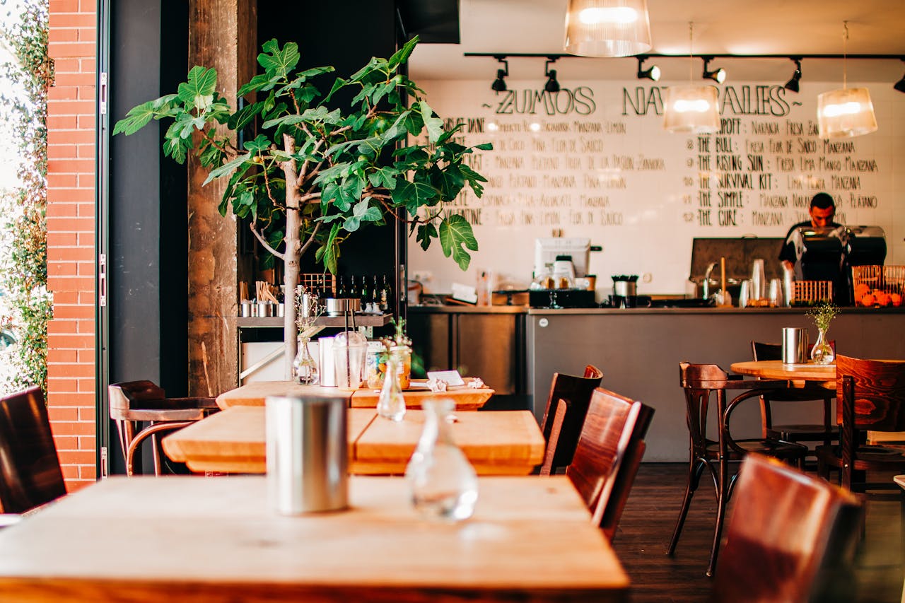 Tables and chairs in a coffee shop