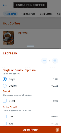 A screenshot of the Esquires Coffee Click & Collect System