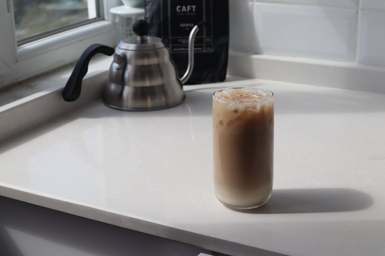 Iced latte in a tall glass