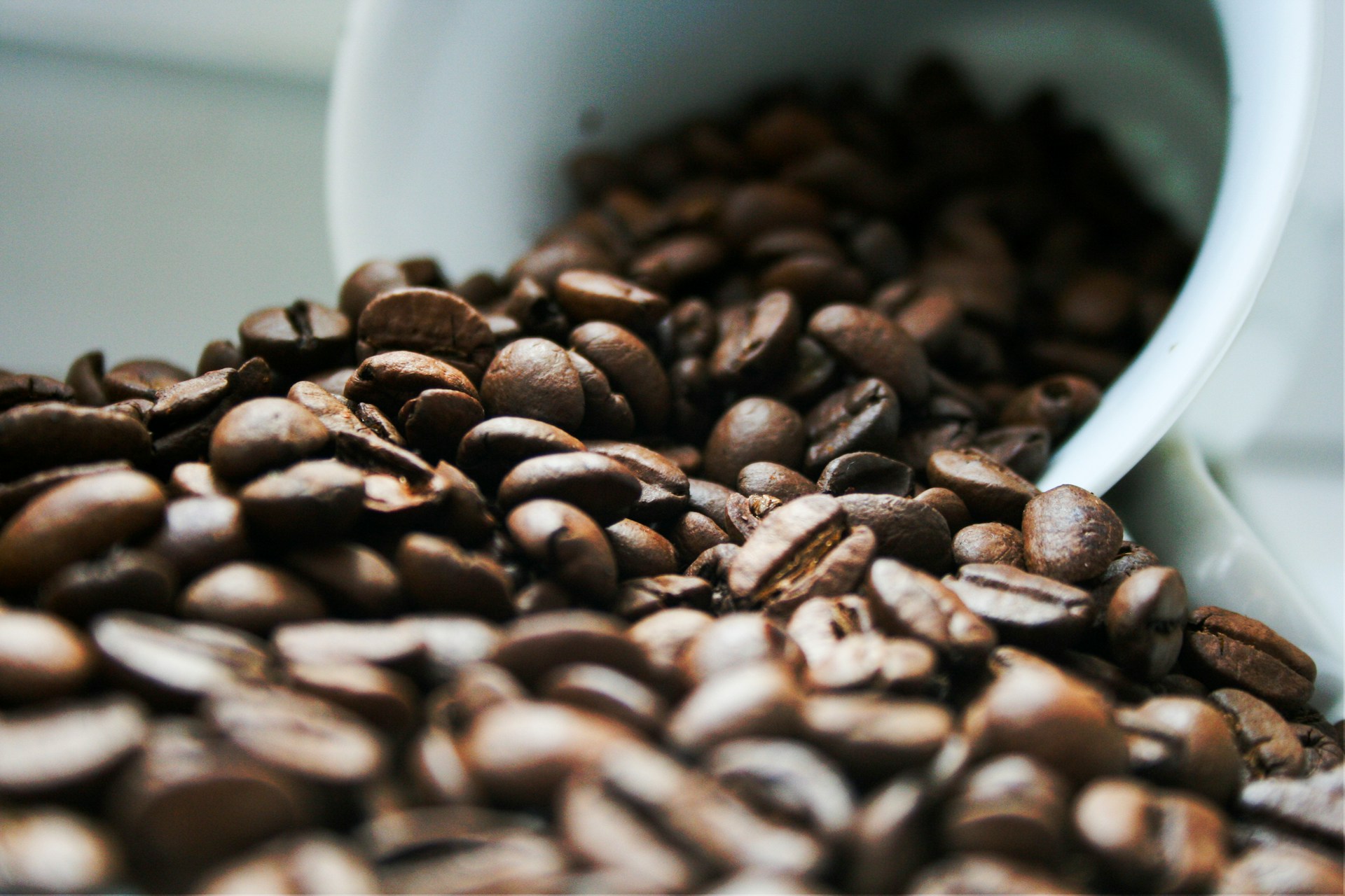 Roasted coffee beans spilling from a mug