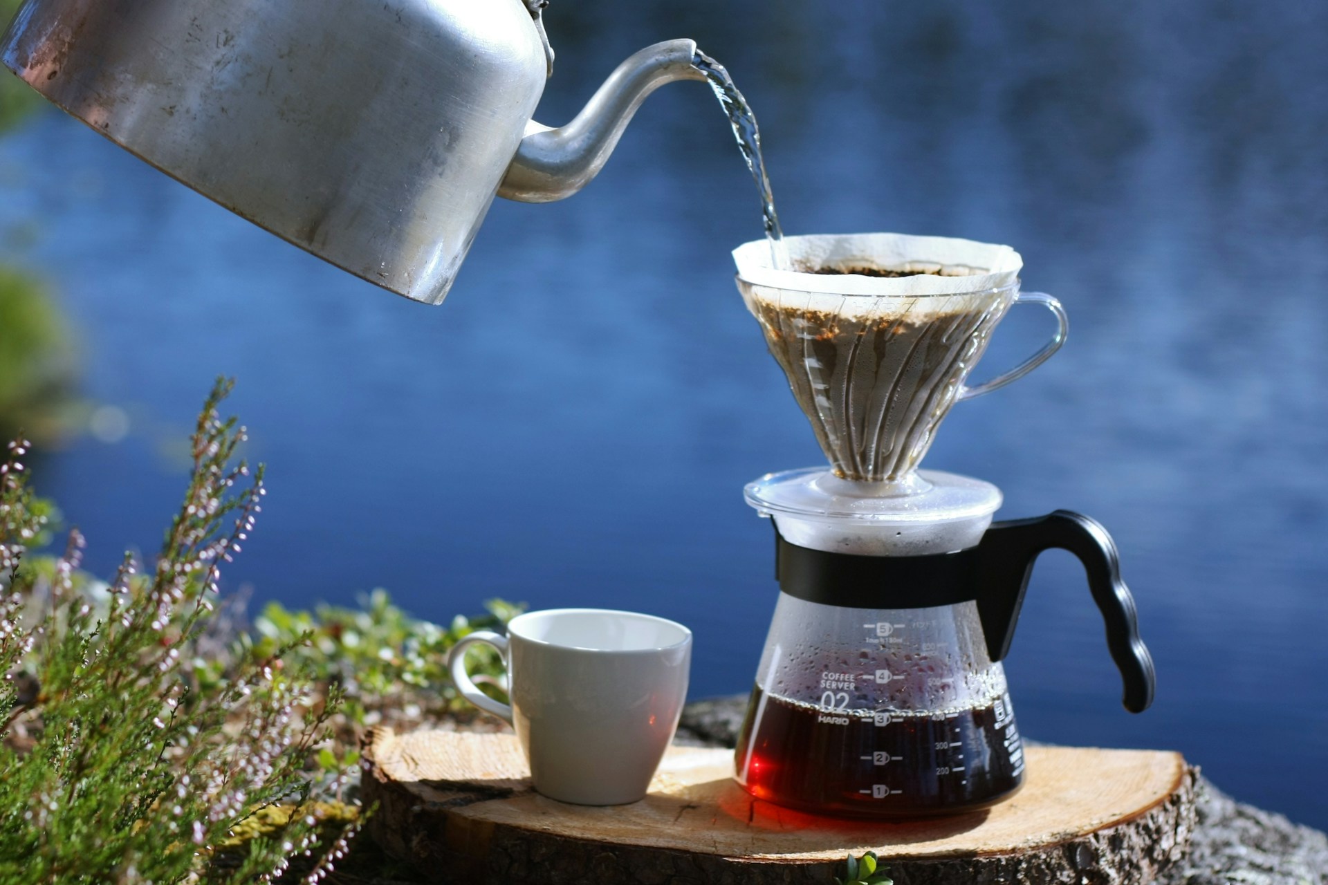 Water pouring into filter coffee device and pot
